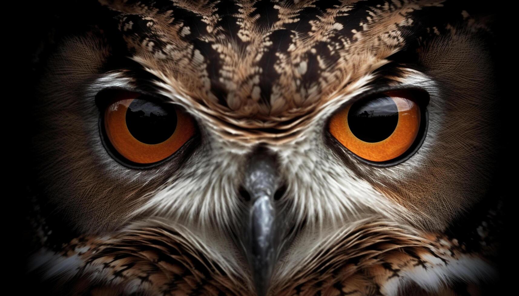 Great horned owl staring with intense eyes in close up portrait