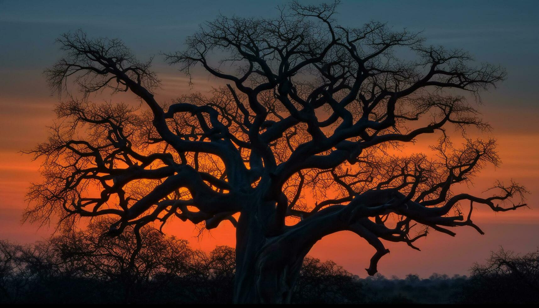 Silhouette of acacia tree back lit by orange sunset generated by AI photo
