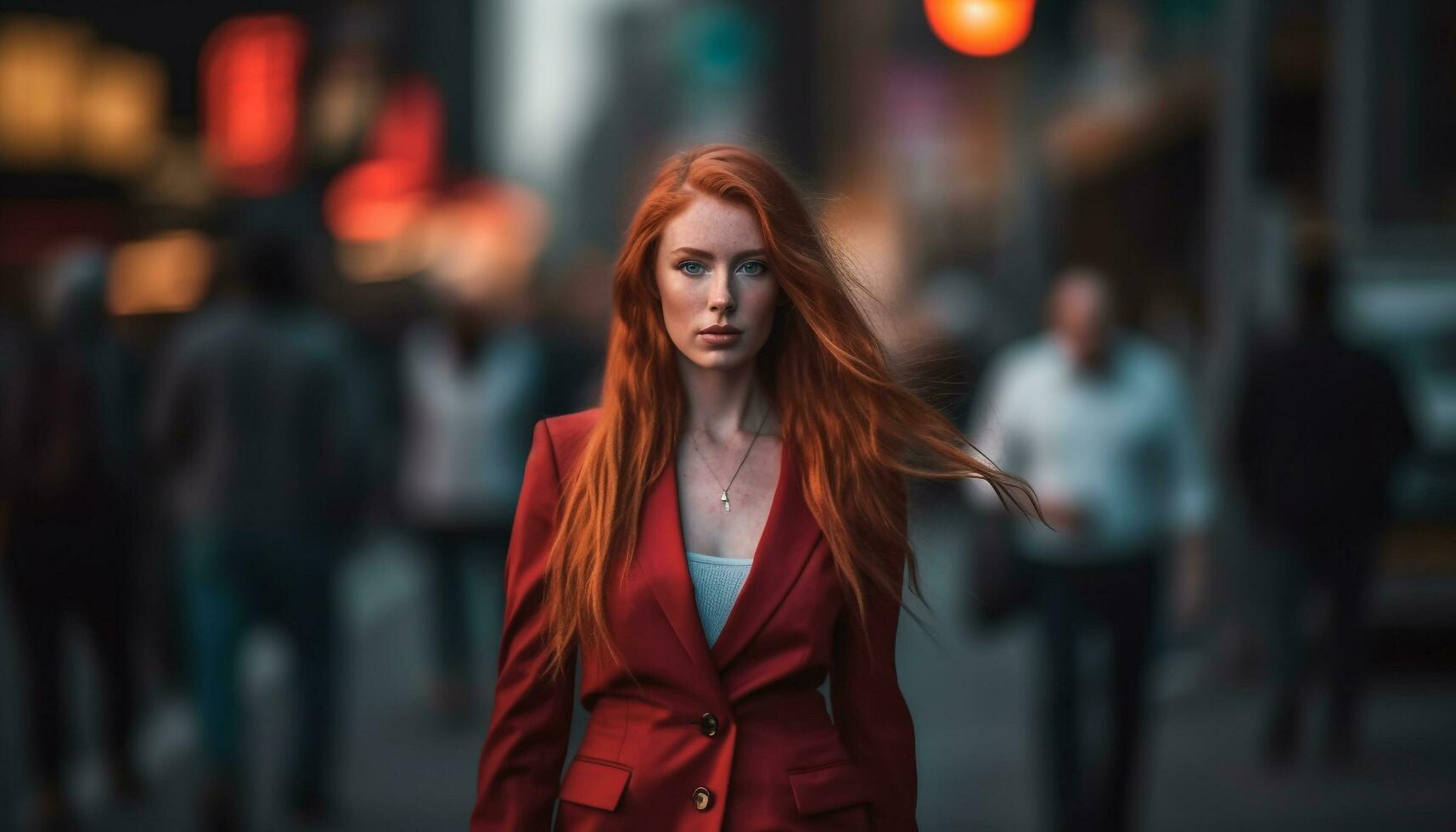 Confident young businesswoman walking in the city with elegance and style generated by AI photo