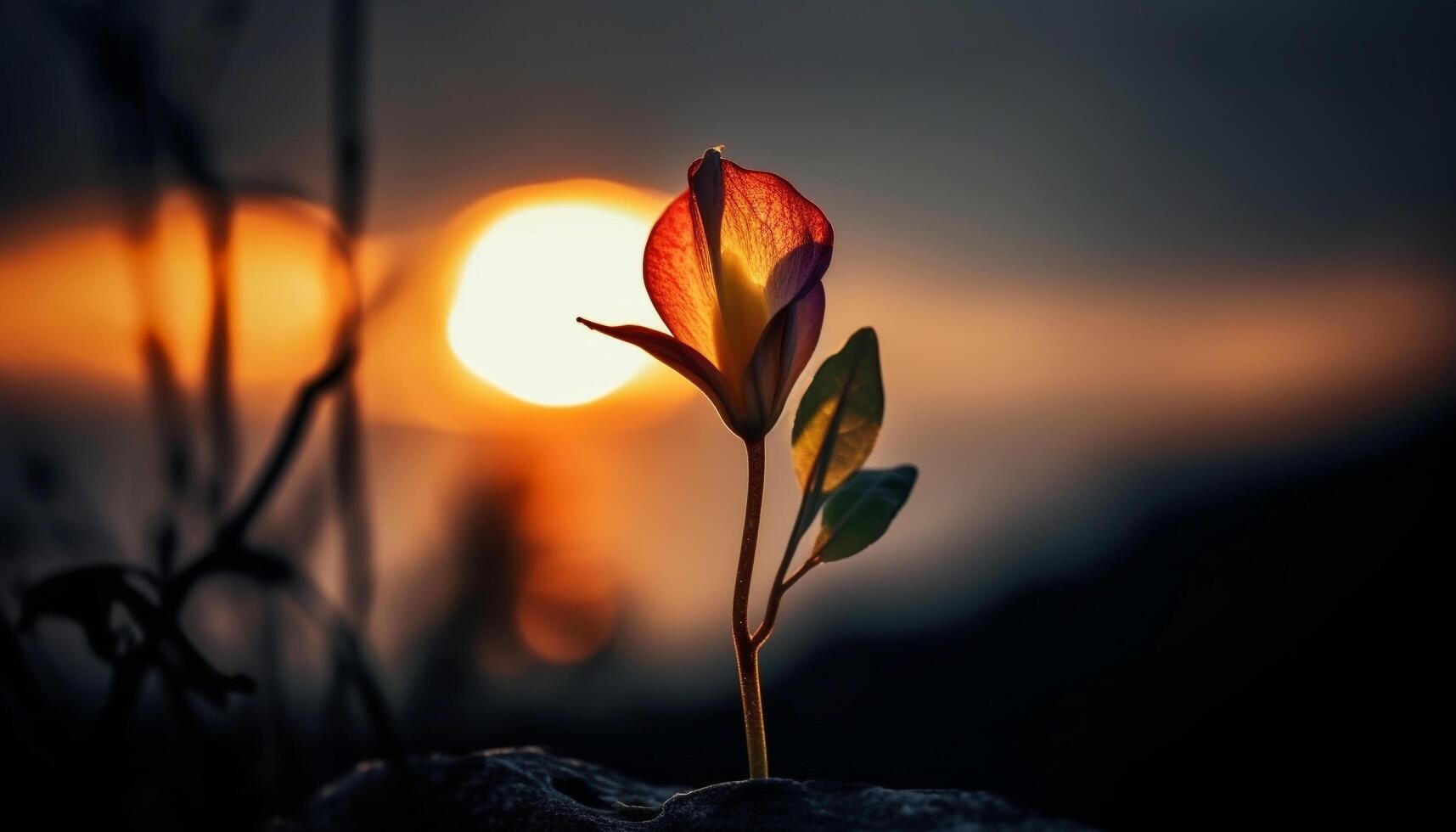 Vibrant sunset silhouettes tree branch, pink blossom in foreground generated by AI photo