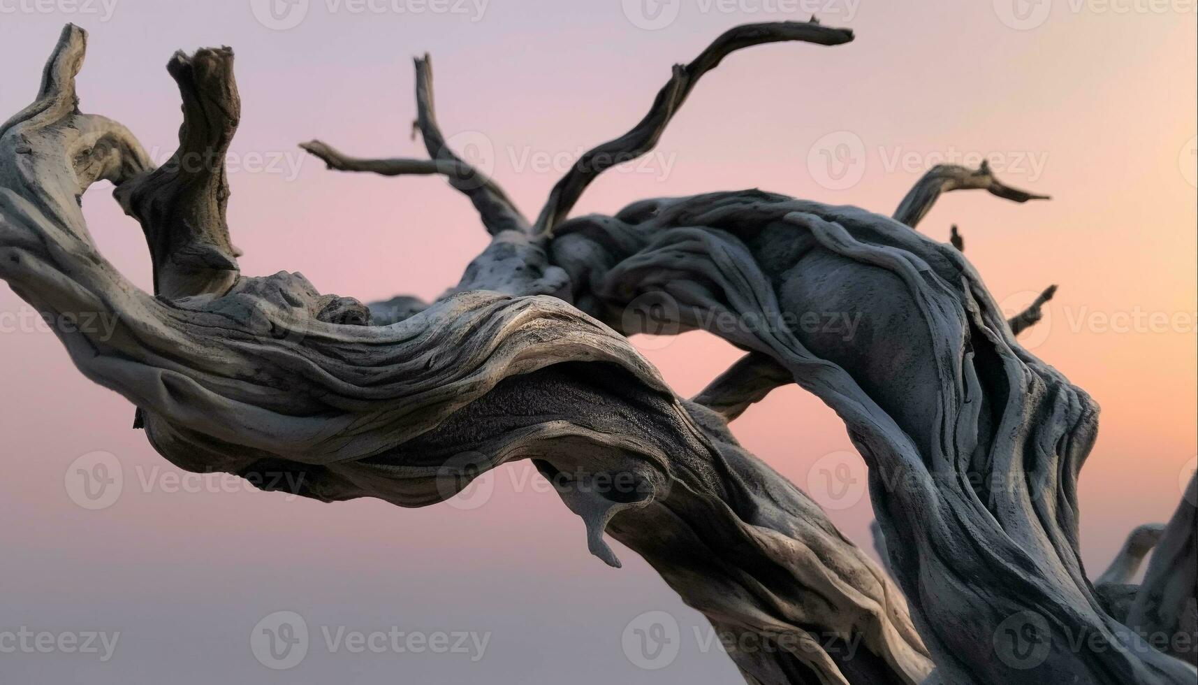 Silhouette of a twisted tree branch against a blue sunset generated by AI photo