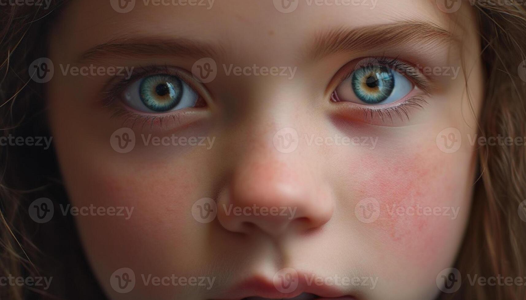 linda niña con azul ojos curioso arriba, alegre y sonriente generado por ai foto