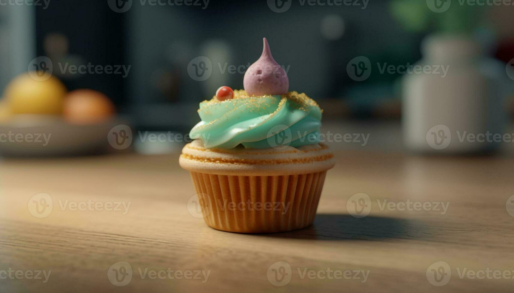 Homemade cupcake with chocolate icing, fresh fruit and ornate decoration generated by AI photo