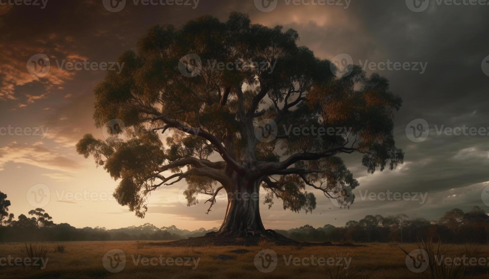 silueta de acacia árbol en sabana, retroiluminado por dramático puesta de sol generado por ai foto