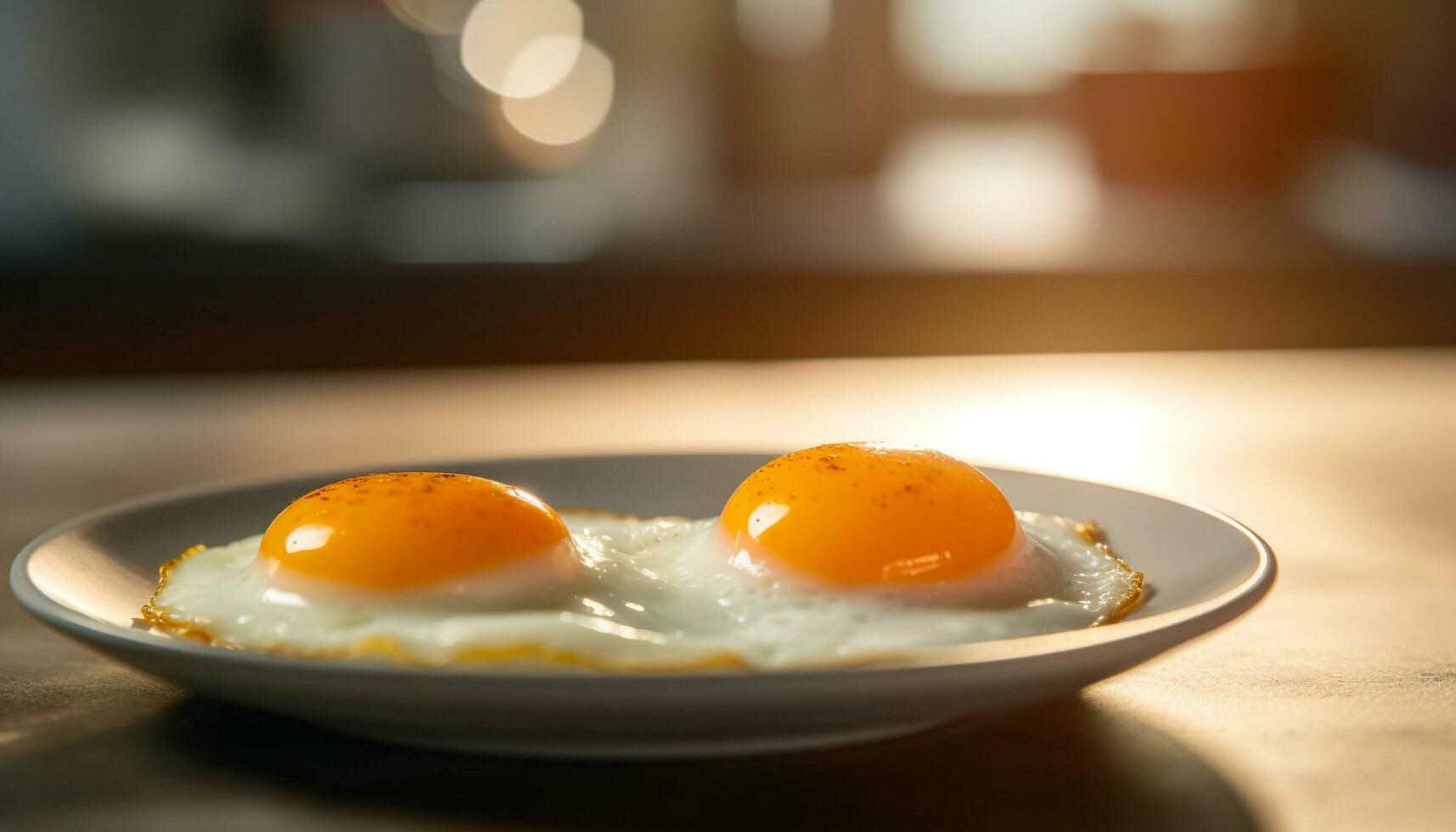 Freshly cooked fried egg on rustic wooden table in sunlight generated by AI photo