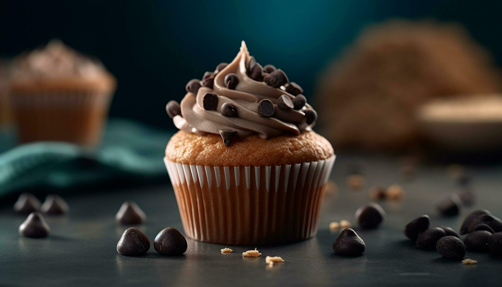 Cute homemade chocolate chip muffin on rustic wood plate generated by AI photo