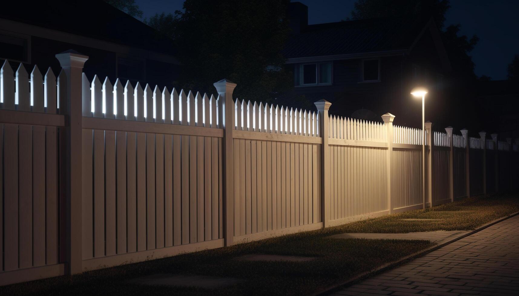 Picket fence in a row, vanishing point, dimming dusk backdrop generated by AI photo