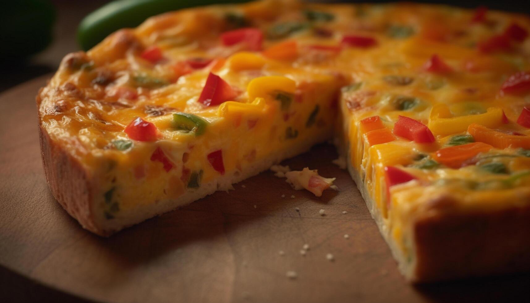 Freshly baked vegetarian quiche with mozzarella and cheddar cheese generated by AI photo