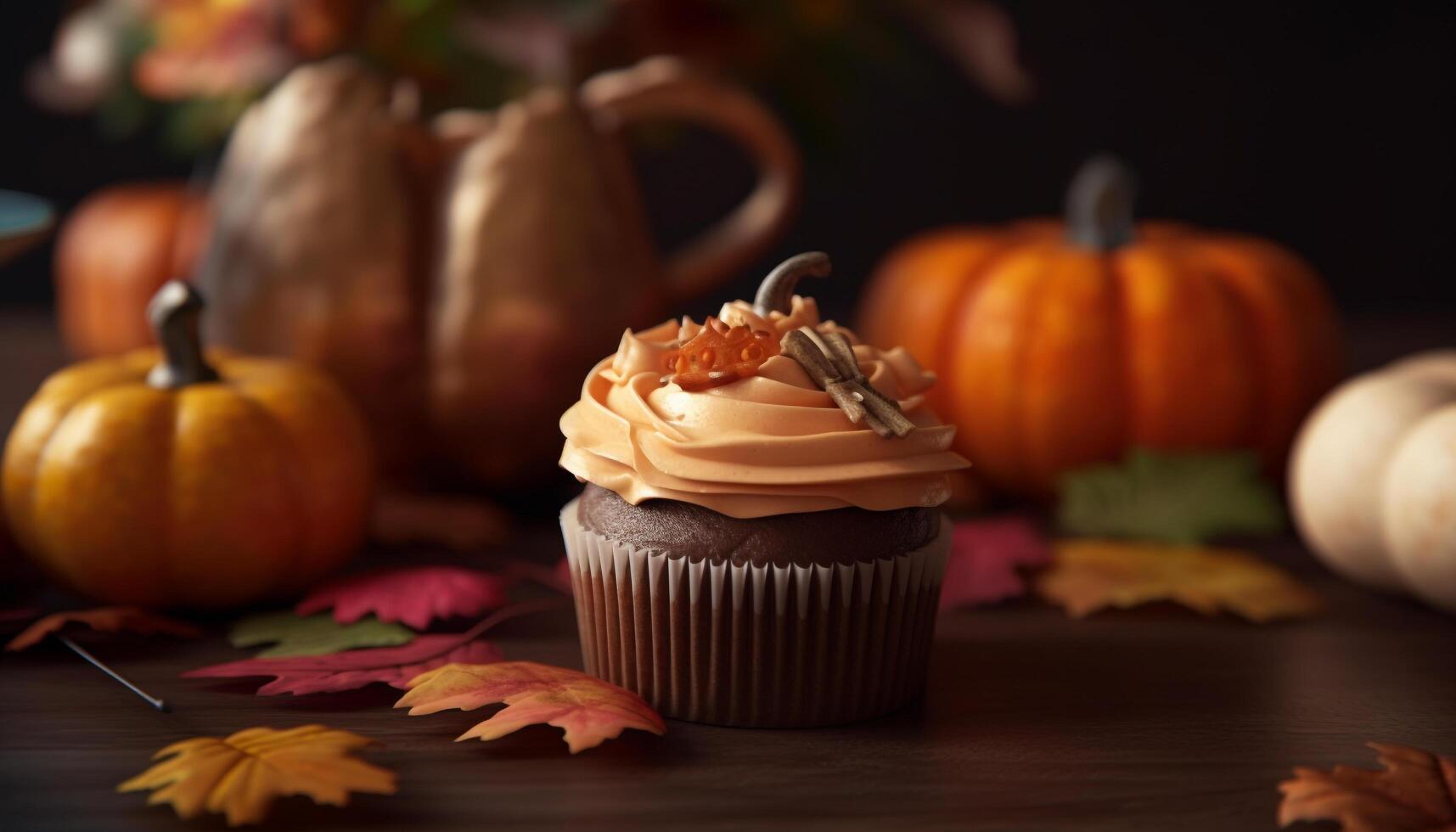 Rustic pumpkin dessert decoration indulgence on wooden table celebration generated by AI photo