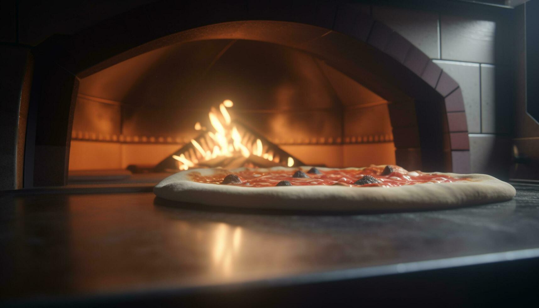 recién horneado Pizza en de madera mesa desde madera ardiente horno generado por ai foto