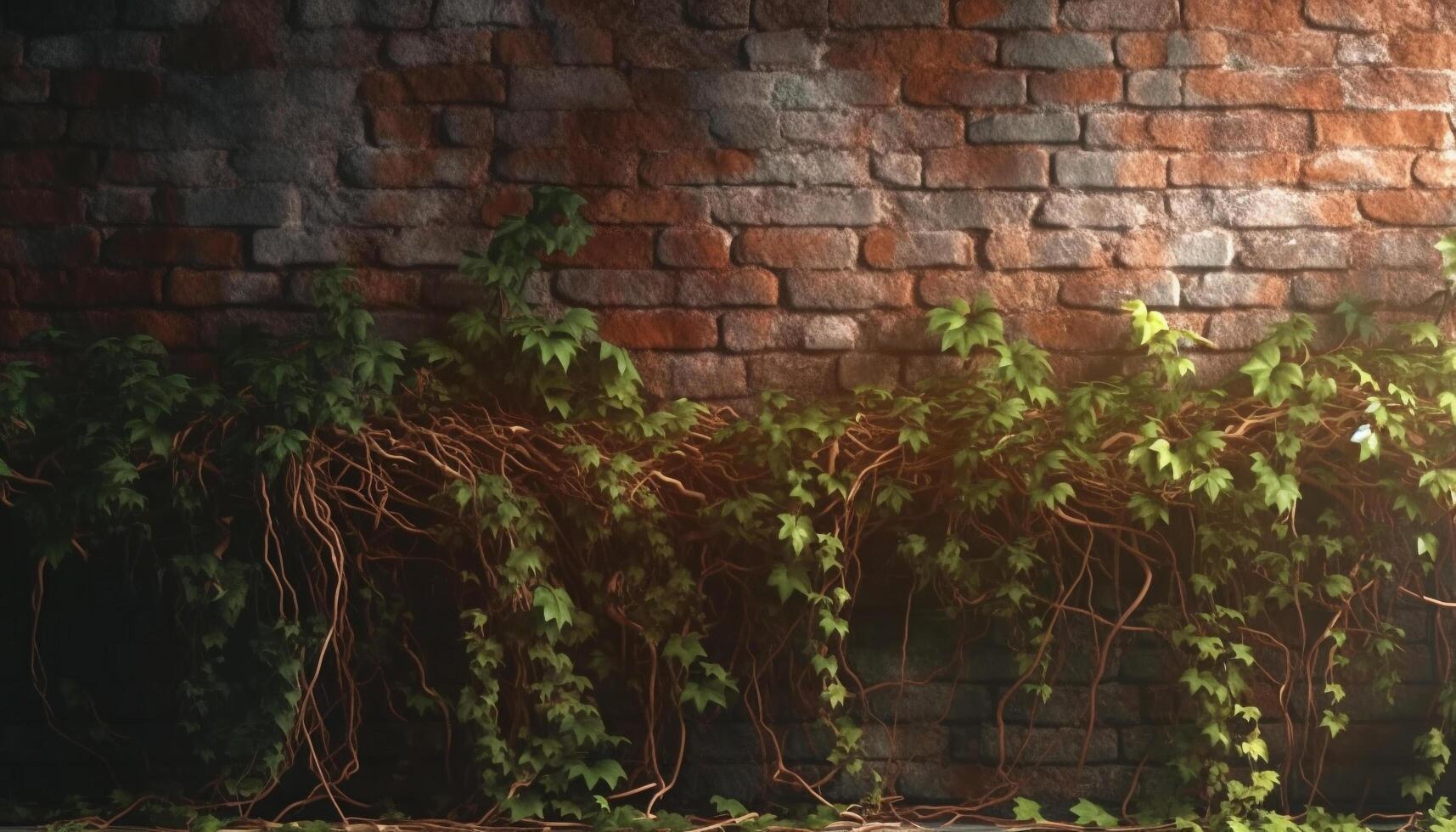 Nature growth on old brick wall creates abstract pattern backdrop generated by AI photo