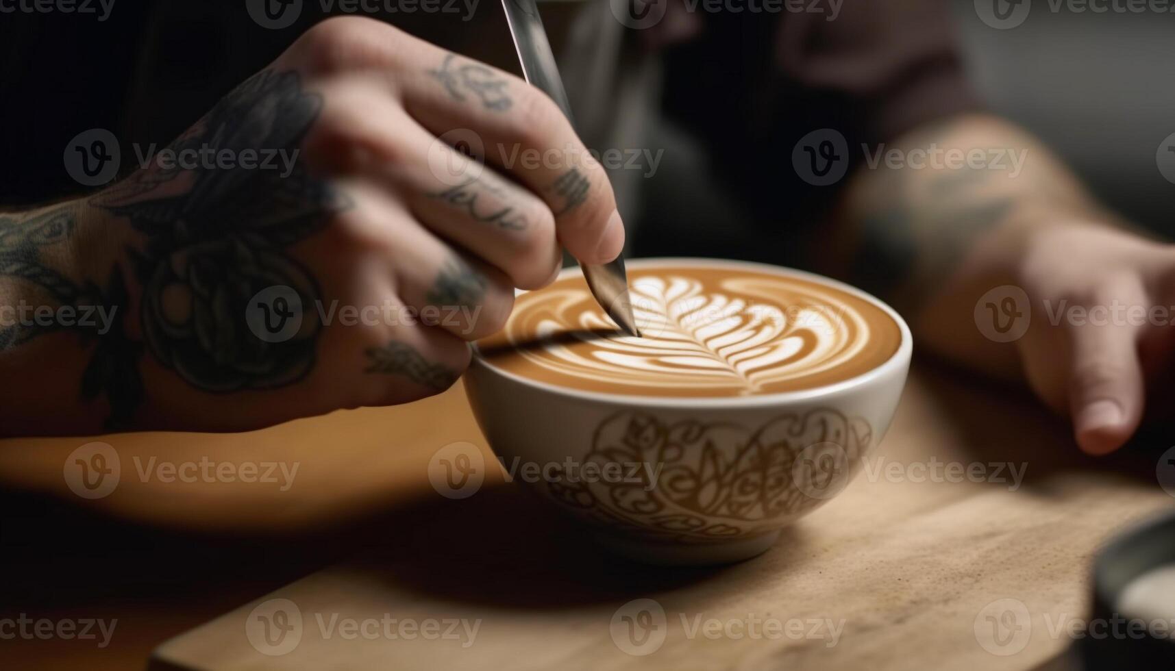 Caucasian barista holding frothy cappuccino in modern coffee shop generated by AI photo