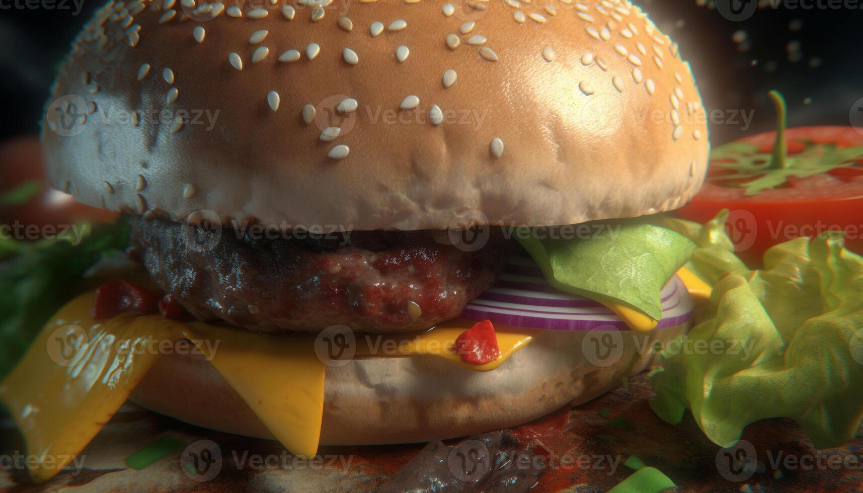 Grilled gourmet cheeseburger with fresh beef, tomato, and cheddar cheese generated by AI photo