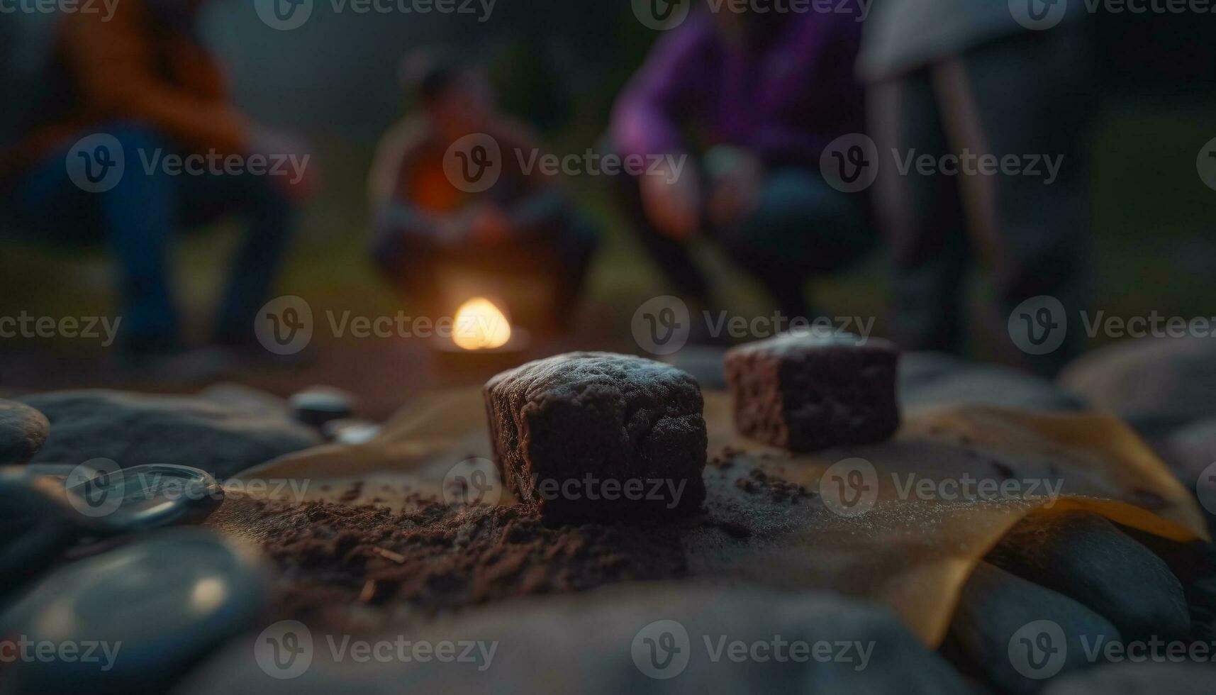 Family camping together, roasting marshmallows over campfire, enjoying sweet treats generated by AI photo