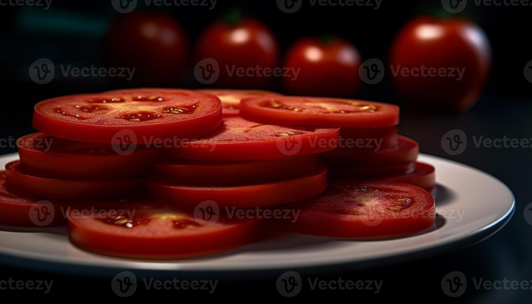 jugoso tomate rebanada en orgánico ensalada lámina, Perfecto sano aperitivo generado por ai foto