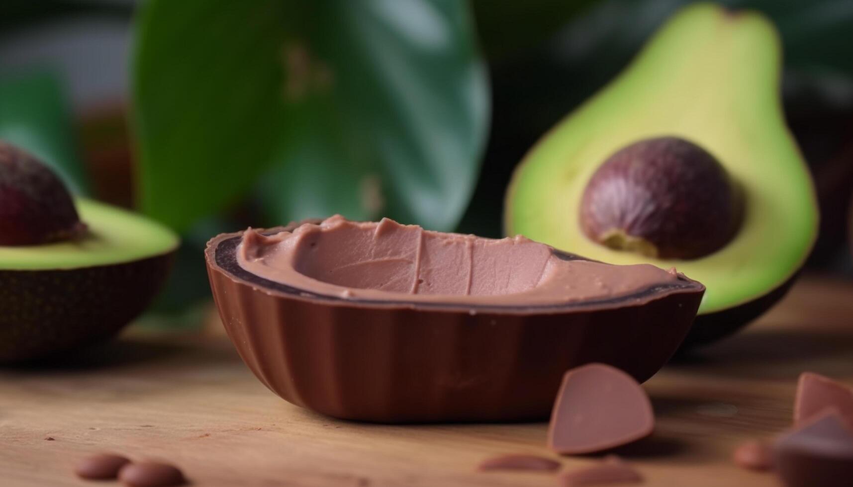 Organic avocado bowl, a gourmet dessert with fresh chocolate slice generated by AI photo