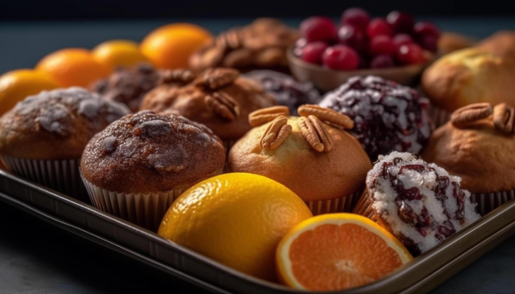 Indulgent homemade gourmet muffins with fresh berry and citrus variations generated by AI photo