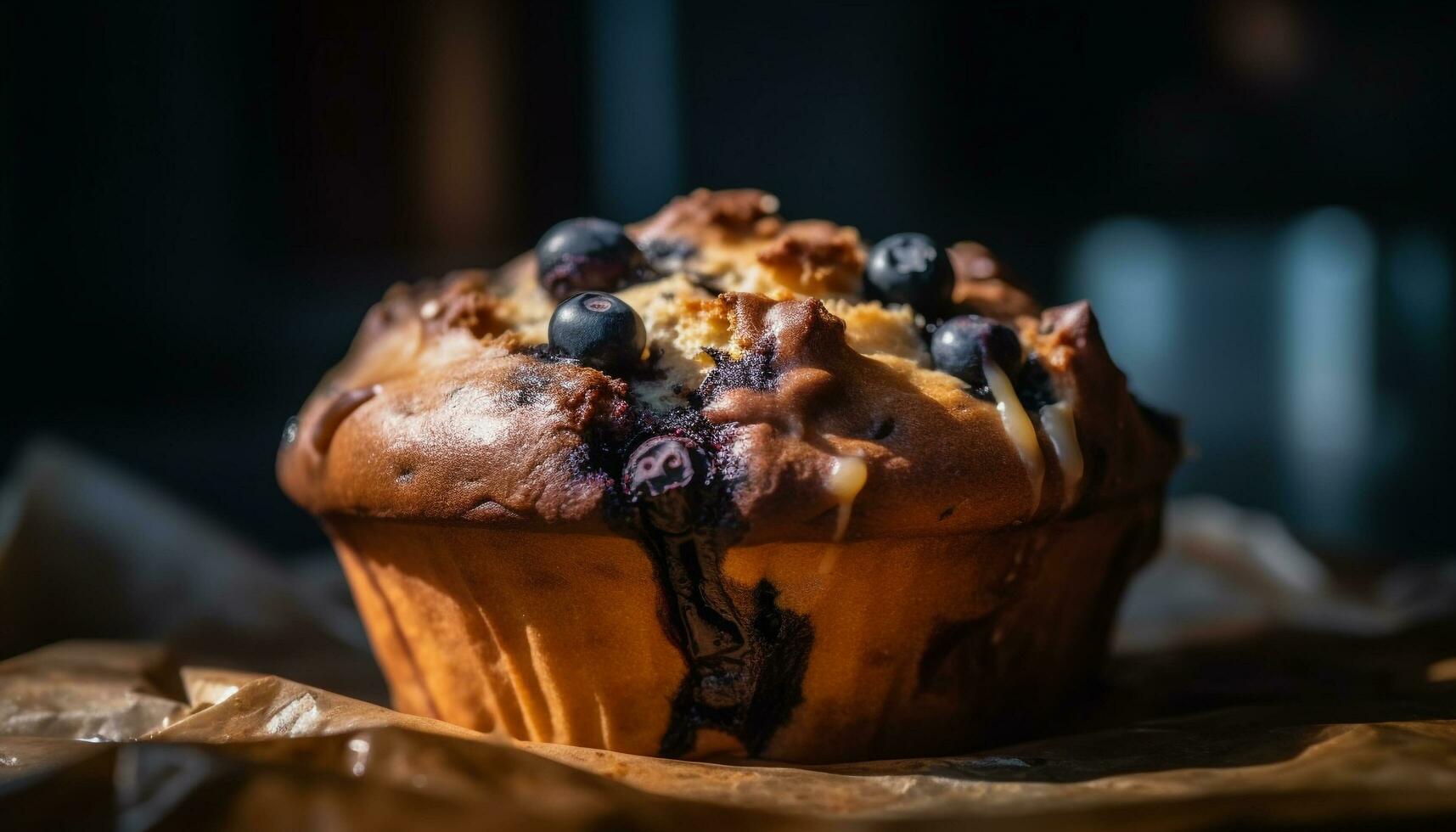 Freshly baked homemade blueberry muffin, a sweet indulgence for dessert generated by AI photo