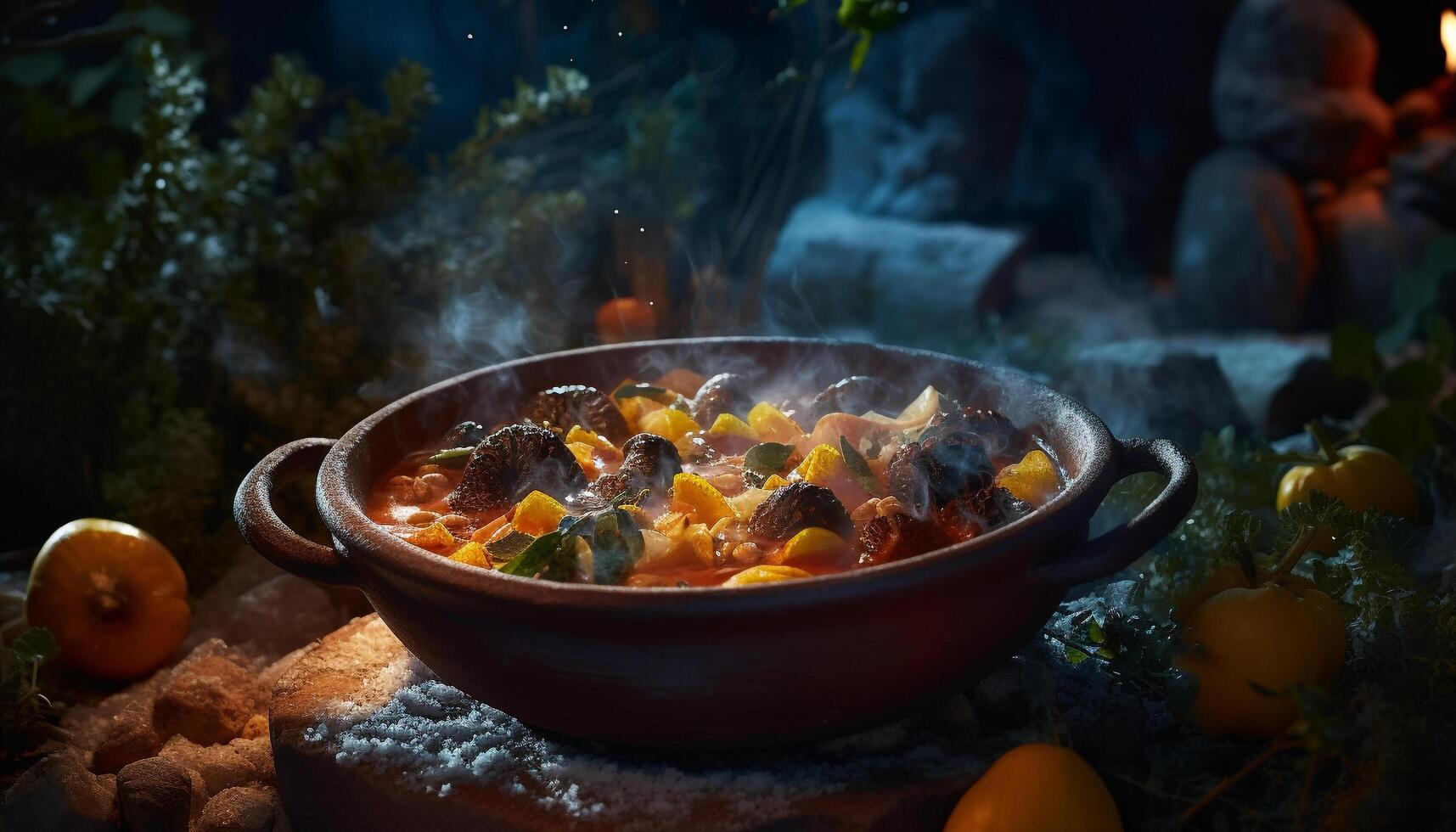 Healthy vegetarian meal cooked outdoors on wood flame in autumn forest generated by AI photo
