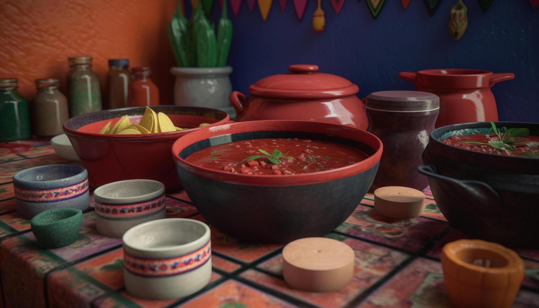 Multi colored earthenware bowl holds homemade soup on wooden table indoors generated by AI photo