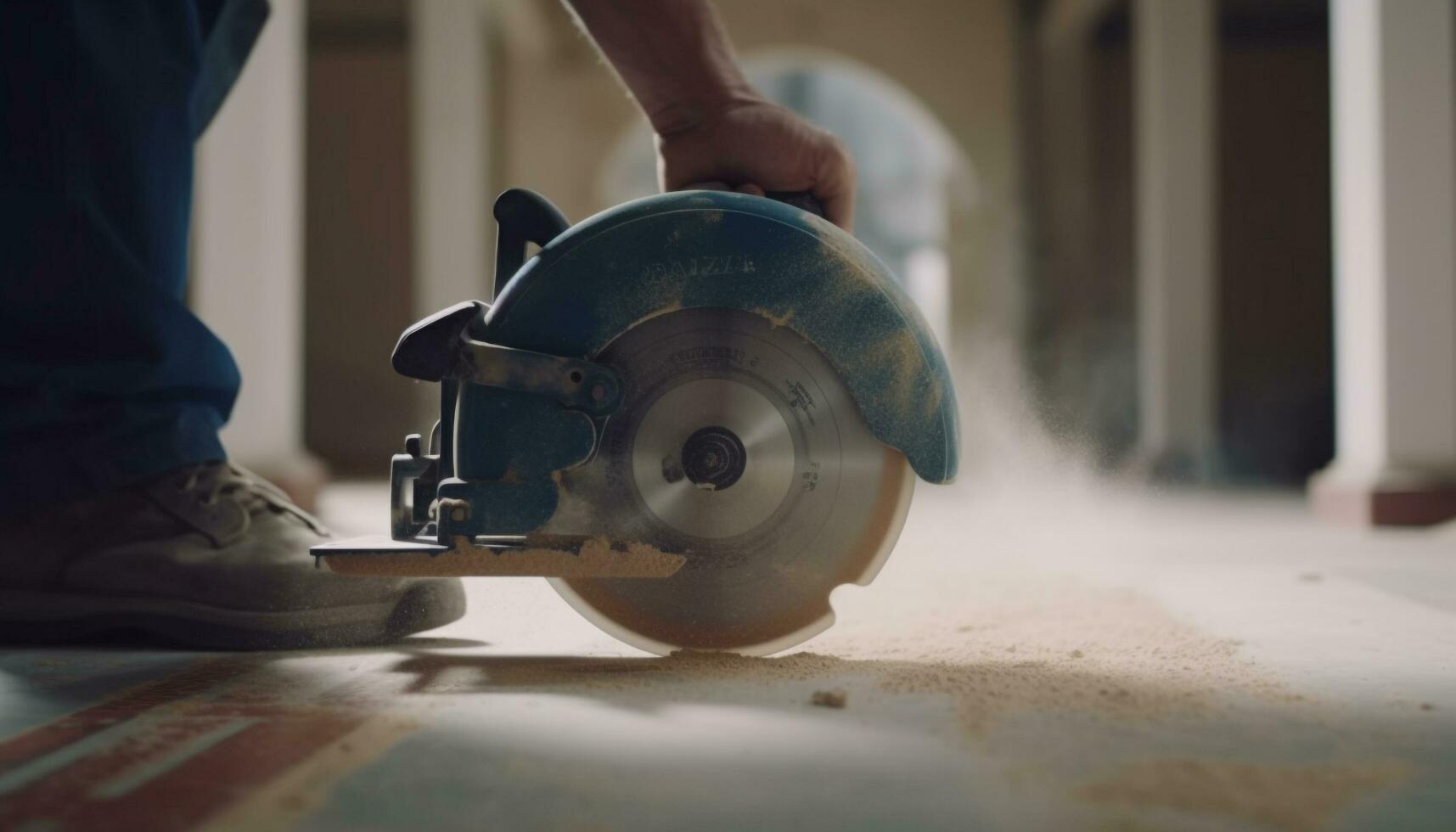 Expert carpenter saws timber with electric circular saw indoors generated by AI photo