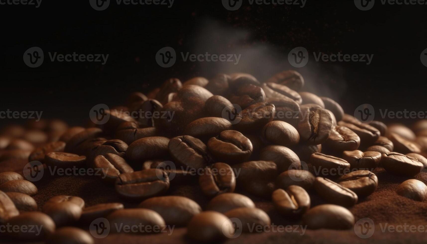 Dark coffee bean heap, close up aroma, textured backdrop, selective focus generated by AI photo
