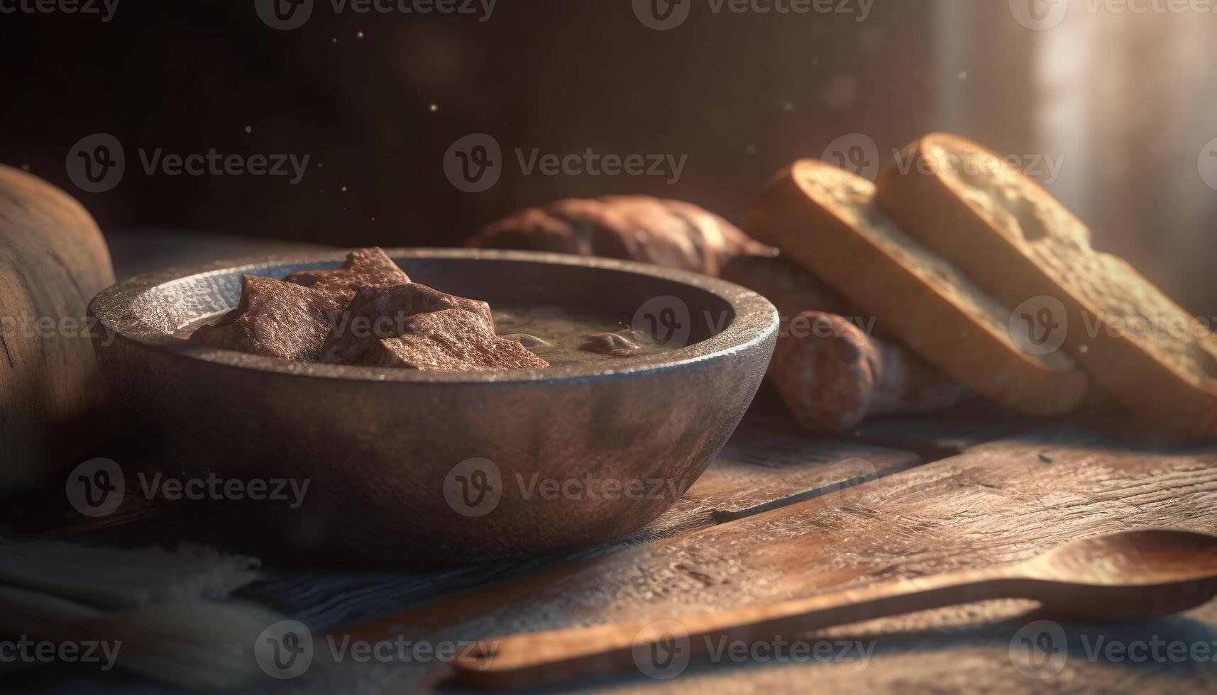 Rustic homemade beef meal on wooden table with organic freshness generated by AI photo