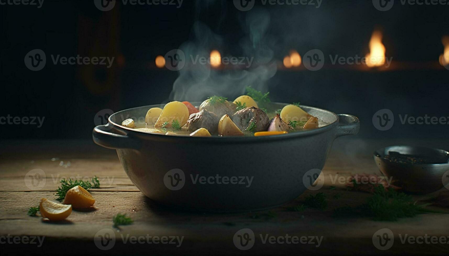un gastrónomo comida cocido en un madera fuego para sano comiendo generado por ai foto