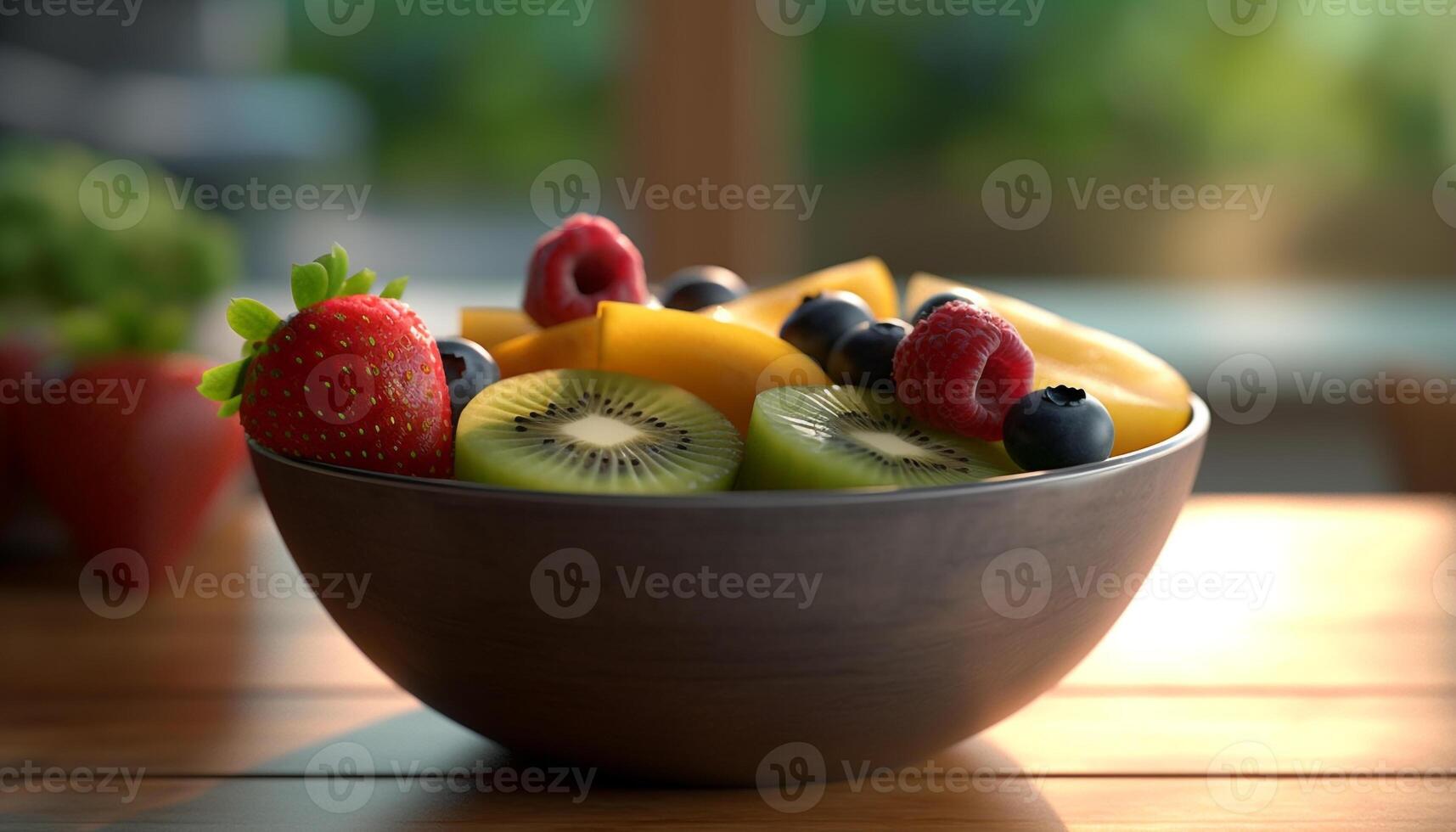 Fresco Fruta ensalada cuenco con maduro bayas y dulce melón generado por ai foto