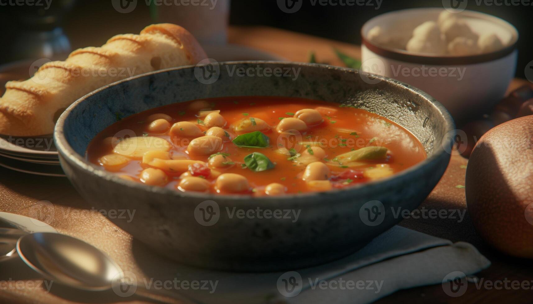 Fresh vegetable soup in a rustic bowl, ready to eat gourmet meal generated by AI photo