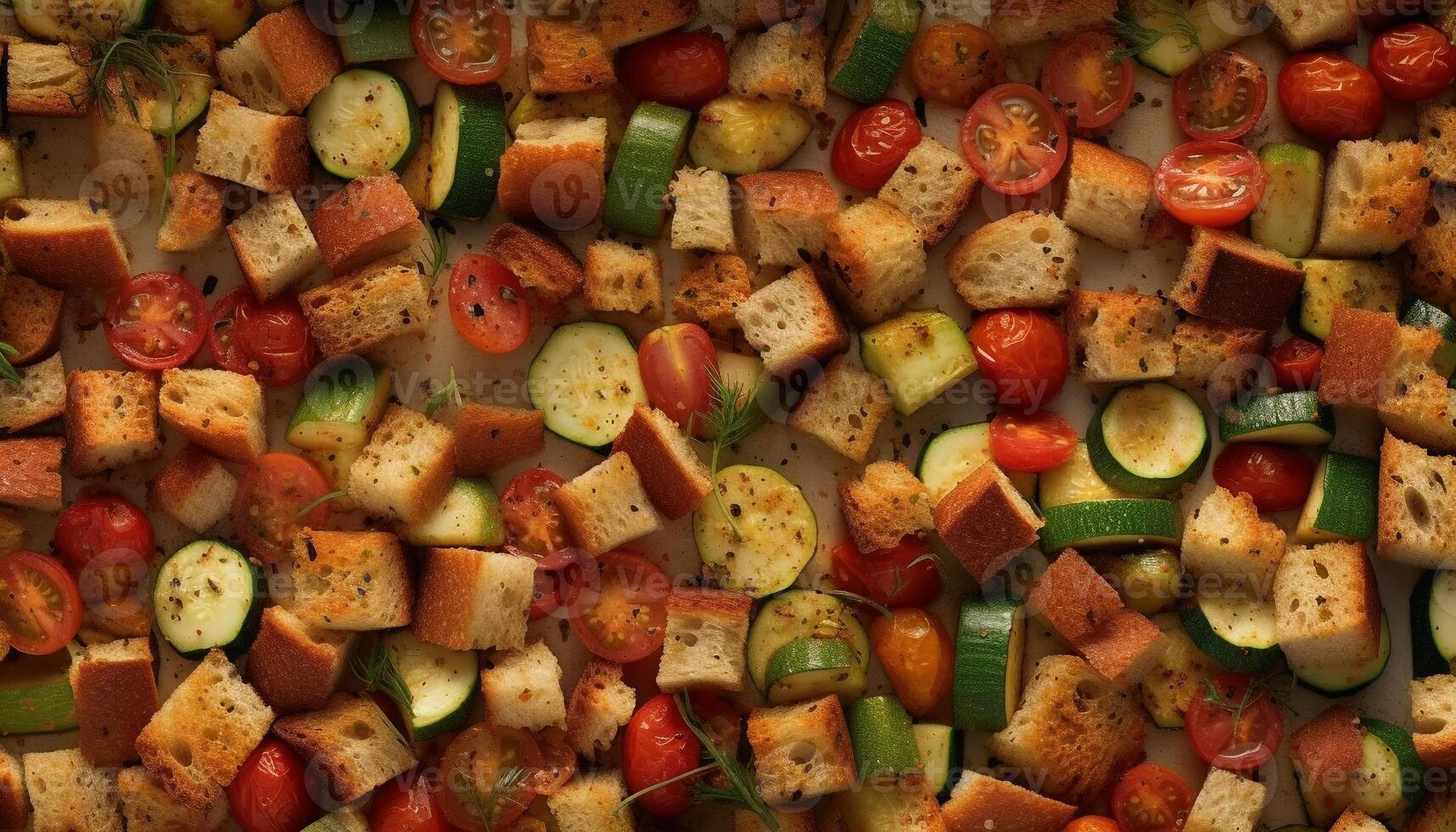 Grilled vegetables and meat on a multi colored plate for lunch generated by AI photo