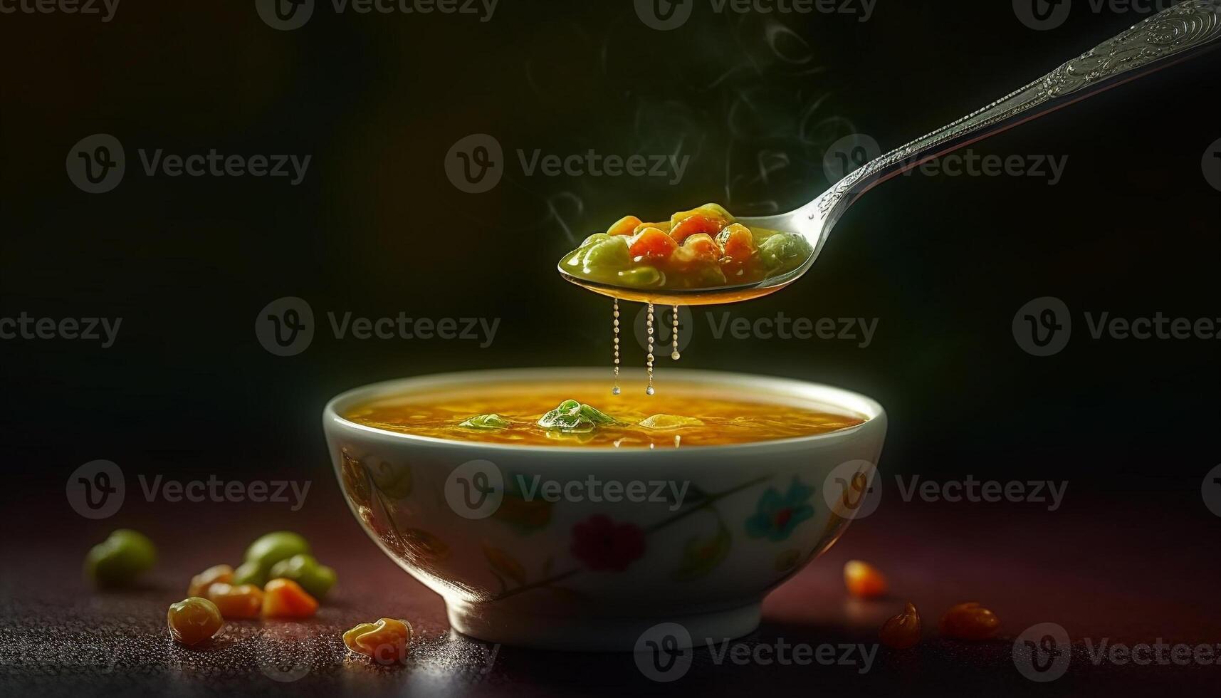 Healthy vegetarian soup in a gourmet bowl on a wooden table generated by AI photo