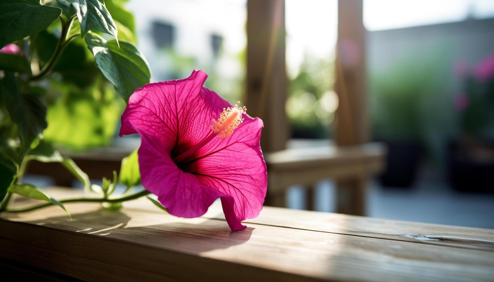 Fresh hibiscus blossom in elegant flower pot, bright and colorful generated by AI photo