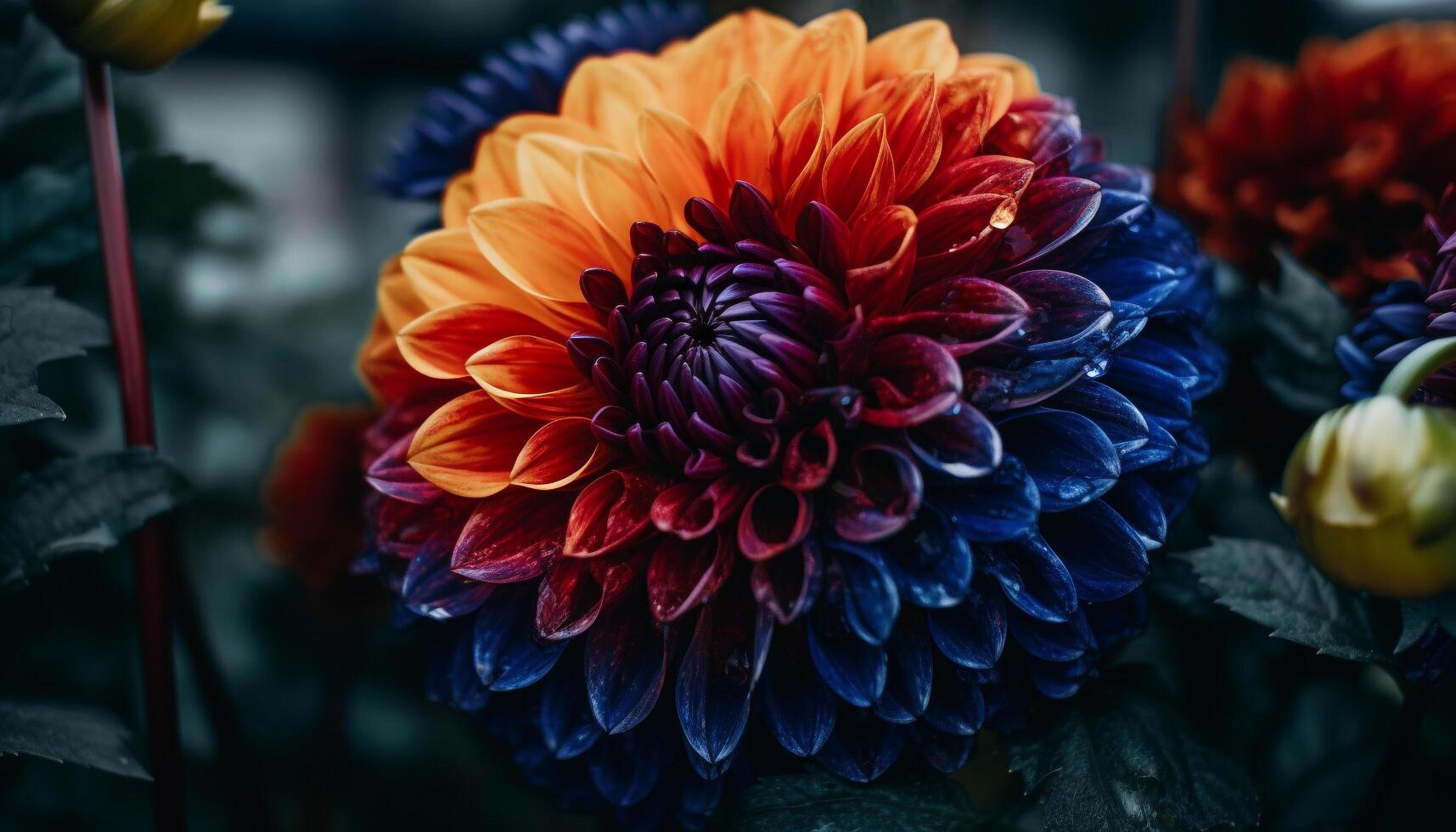 Vibrant multi colored dahlia blossom, wet with freshness, in close up generated by AI photo