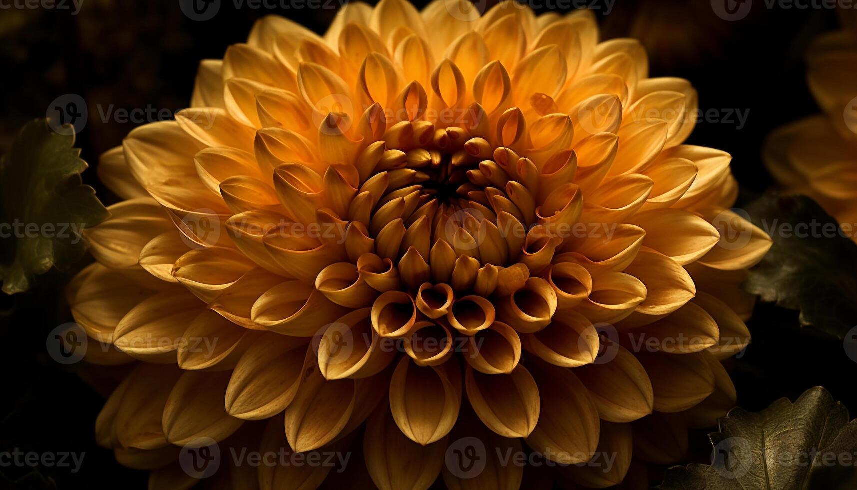 Vibrant yellow dahlia, single flower, black background, close up macro generated by AI photo