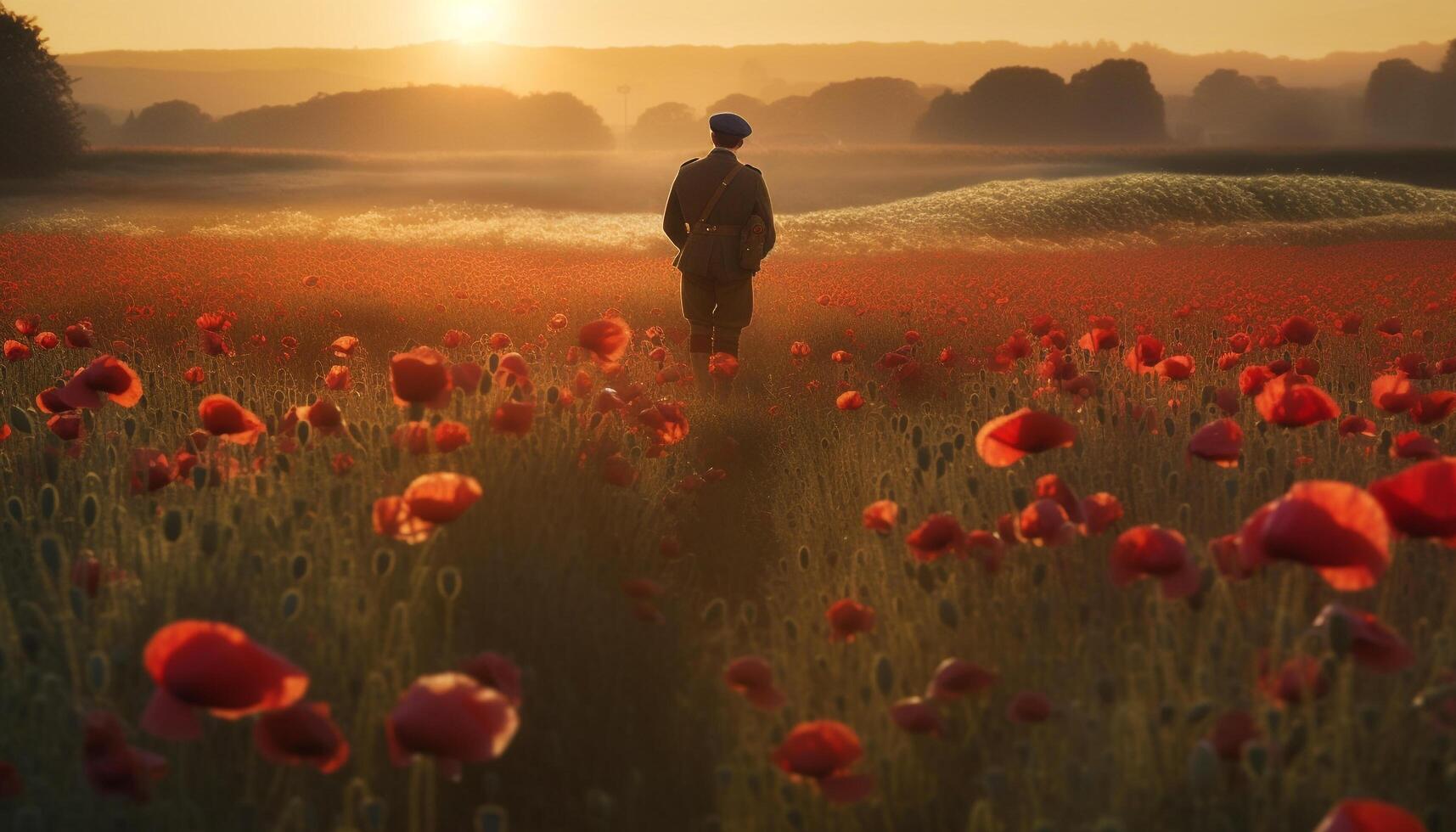 One person walking in a meadow, surrounded by blooming wildflowers generated by AI photo