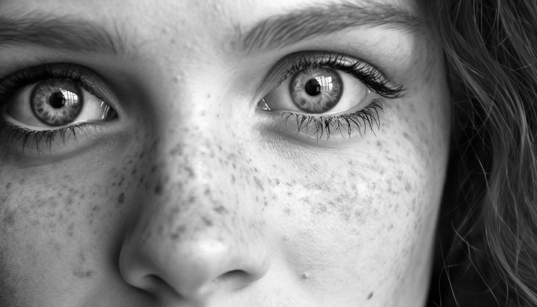 hermosa joven mujer con triste ojos mirando a cámara al aire libre generado por ai foto