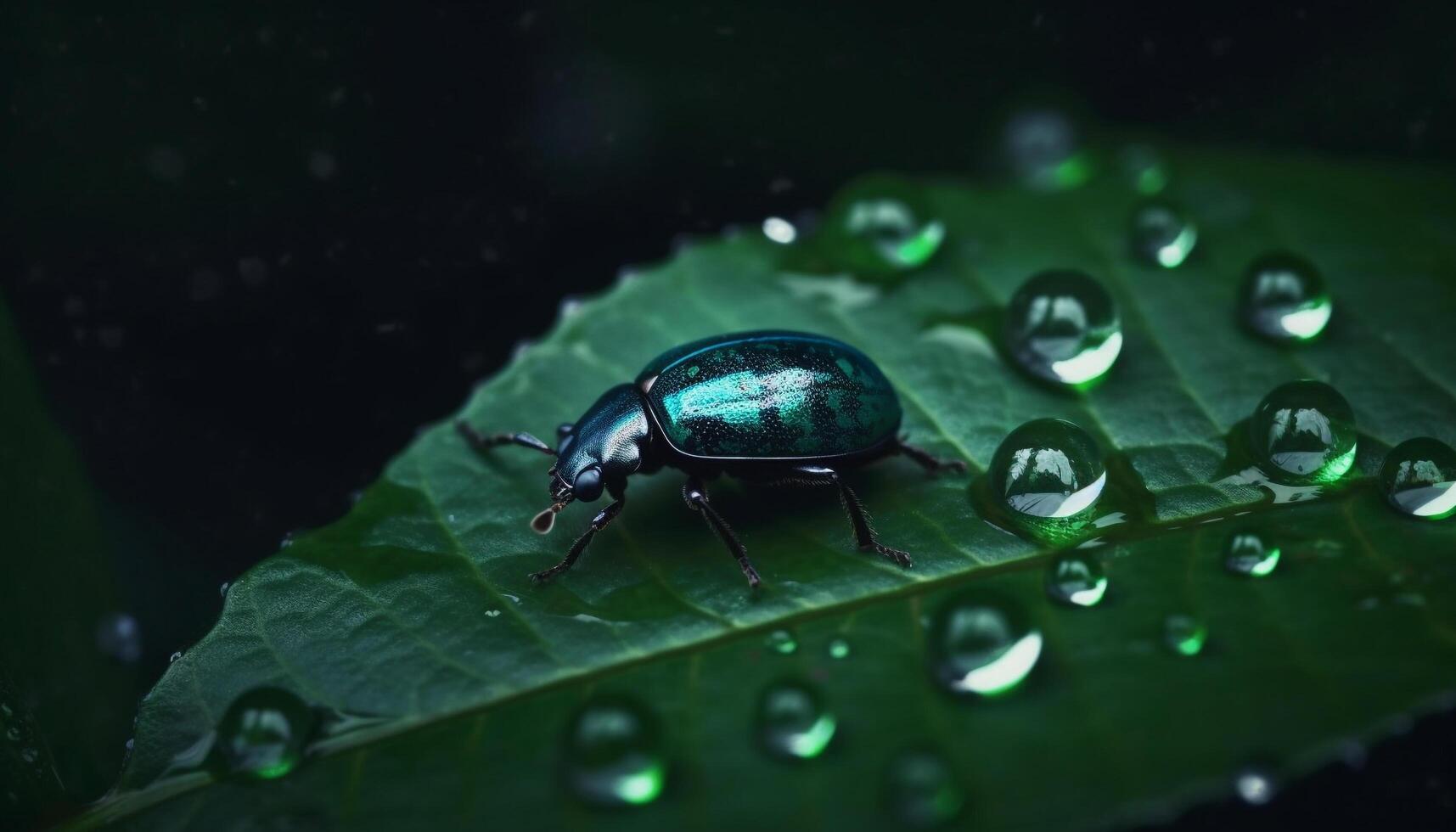 Small weevil on wet leaf, magnified in beautiful macro image generated by AI photo