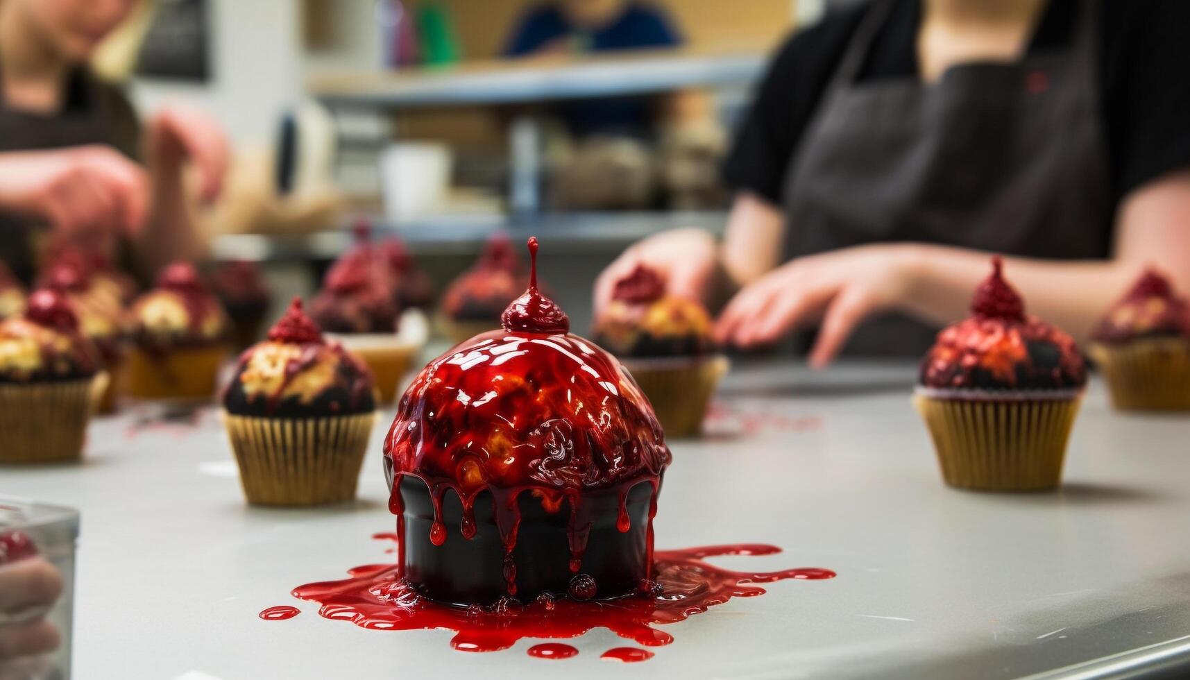 Handmade chocolate cupcakes with fresh strawberry and raspberry decoration generated by AI photo