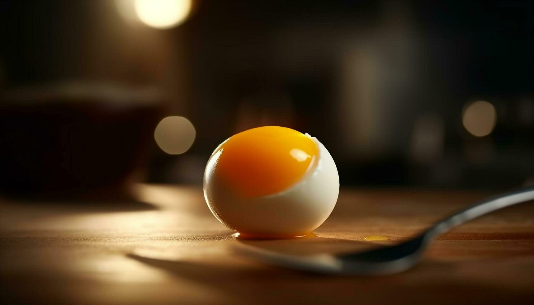 Healthy boiled egg on wooden spoon, fresh organic protein meal generated by AI photo