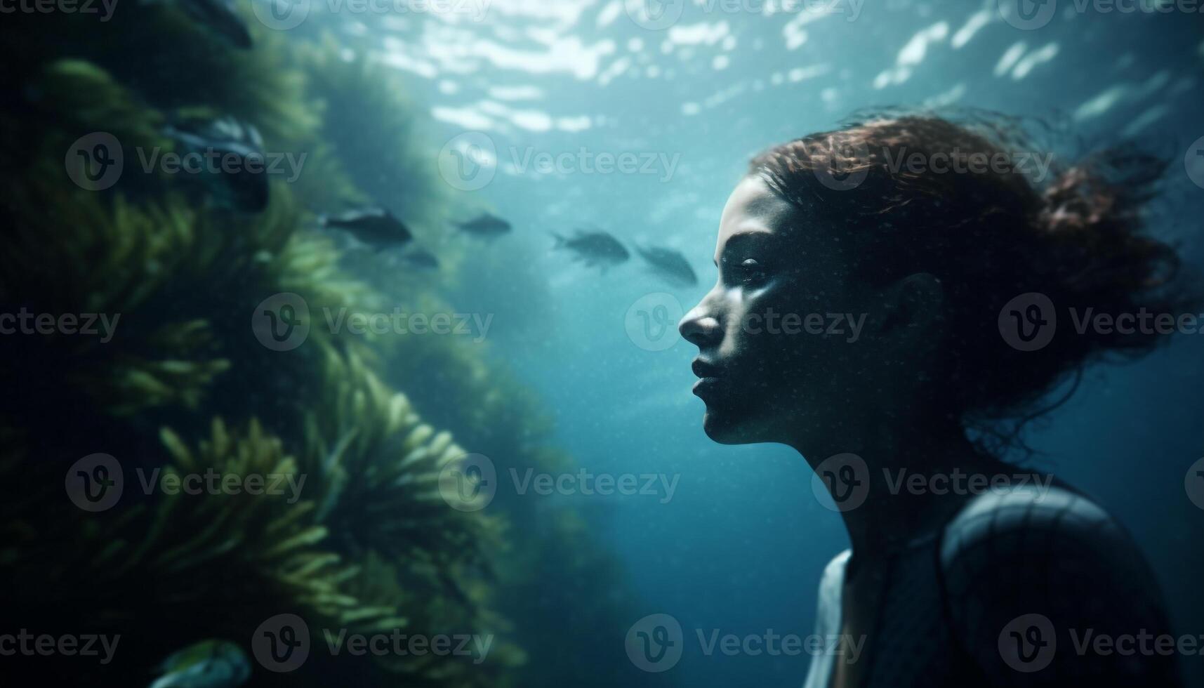 One person diving into underwater adventure, exploring tropical sea life generated by AI photo