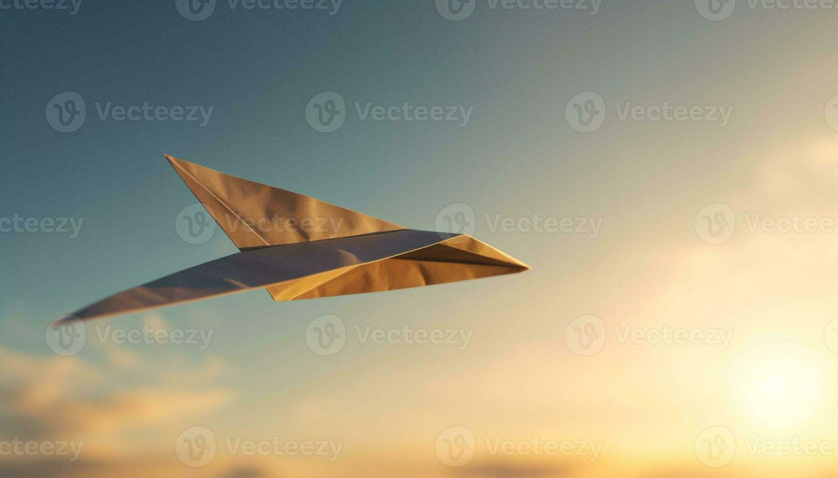 Yellow paper airplane gliding through blue sky at sunset generated by AI photo