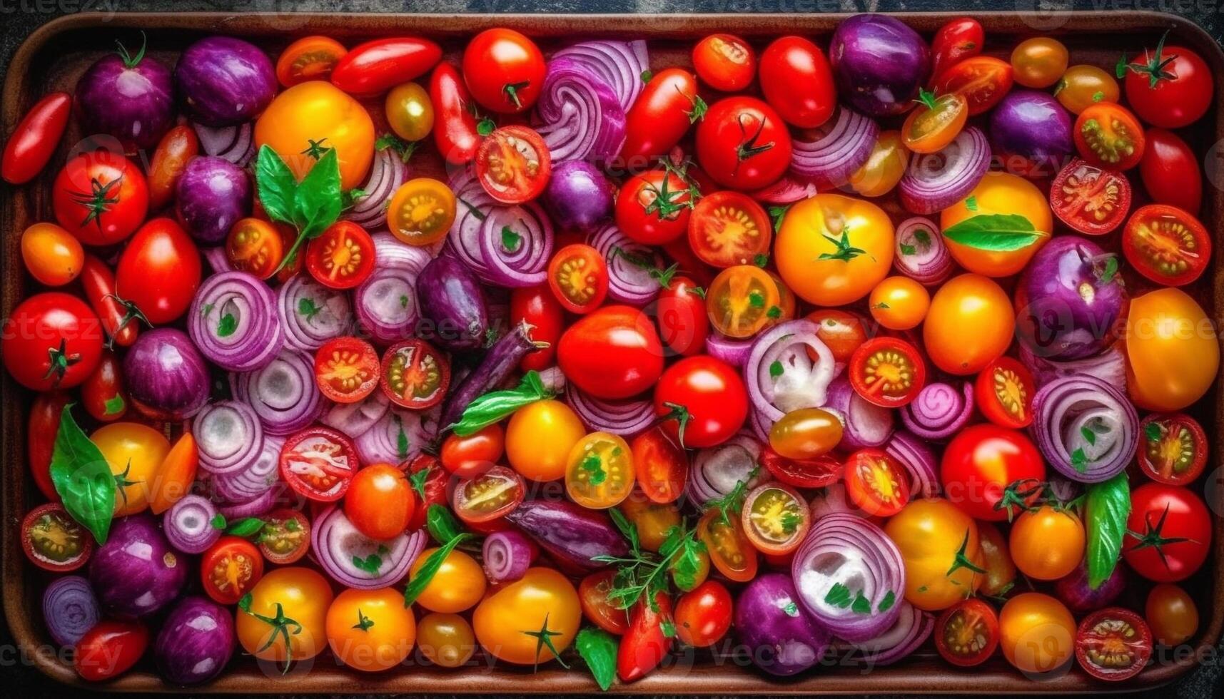 Vibrant colors of fresh vegetables create a healthy eating celebration generated by AI photo