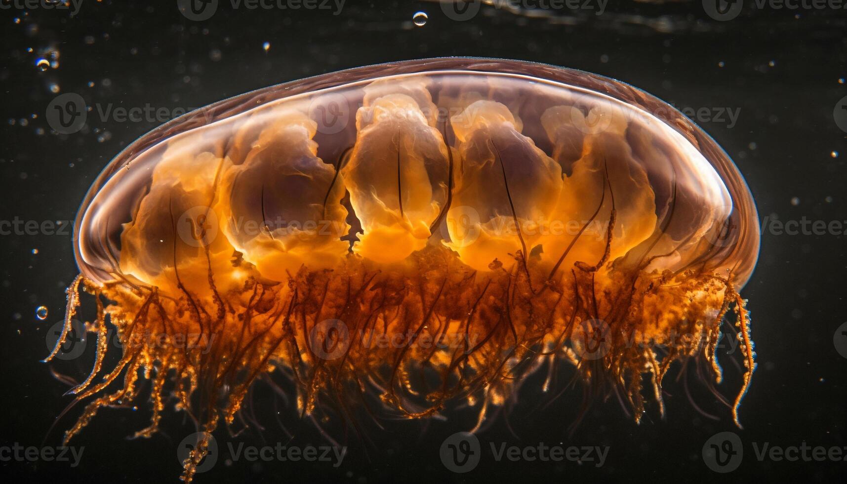 Translucent moon jellyfish floating in dark saltwater, glowing levitation generated by AI photo