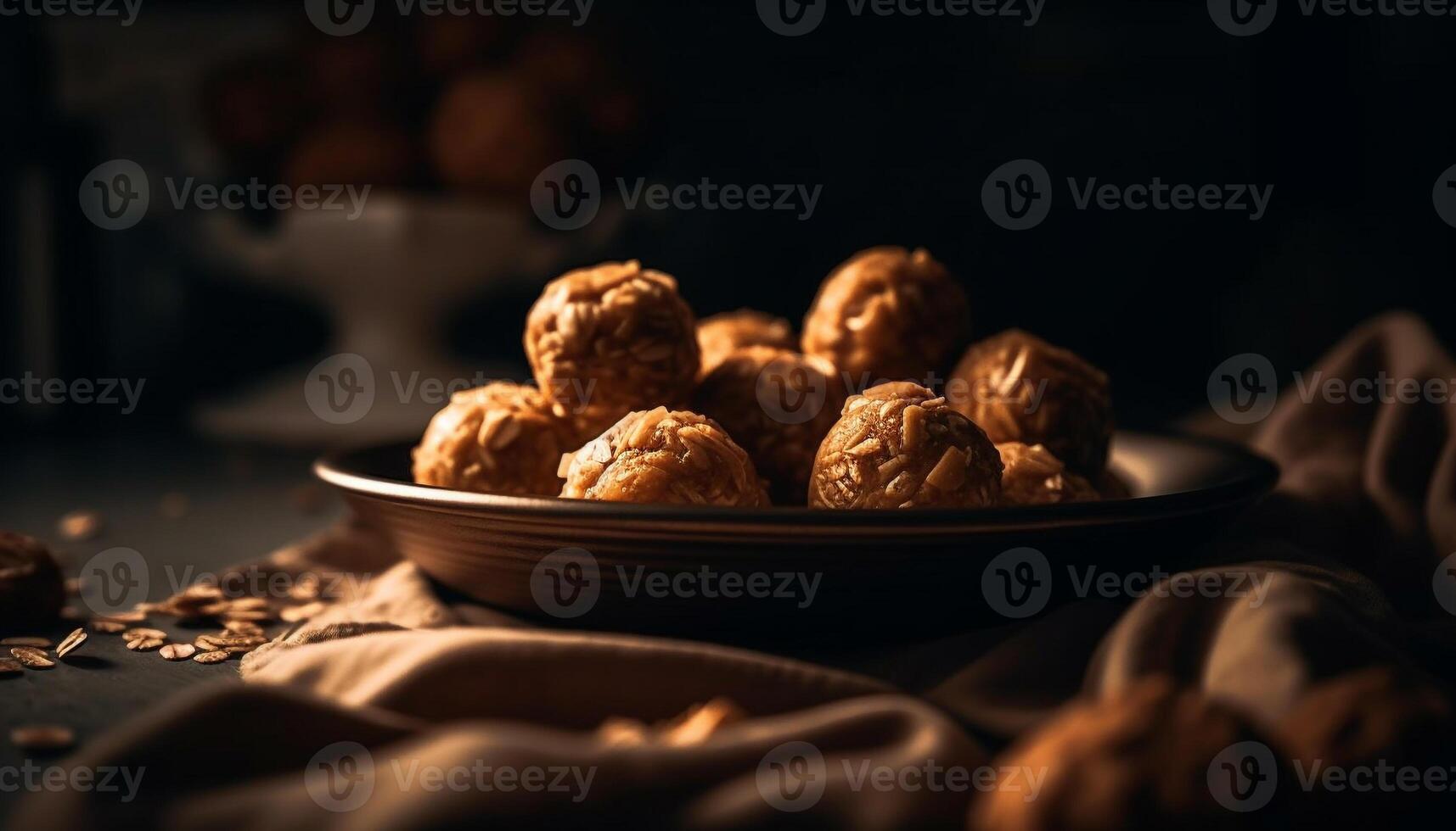 Dark chocolate truffle on rustic wood plate, a gourmet indulgence generated by AI photo