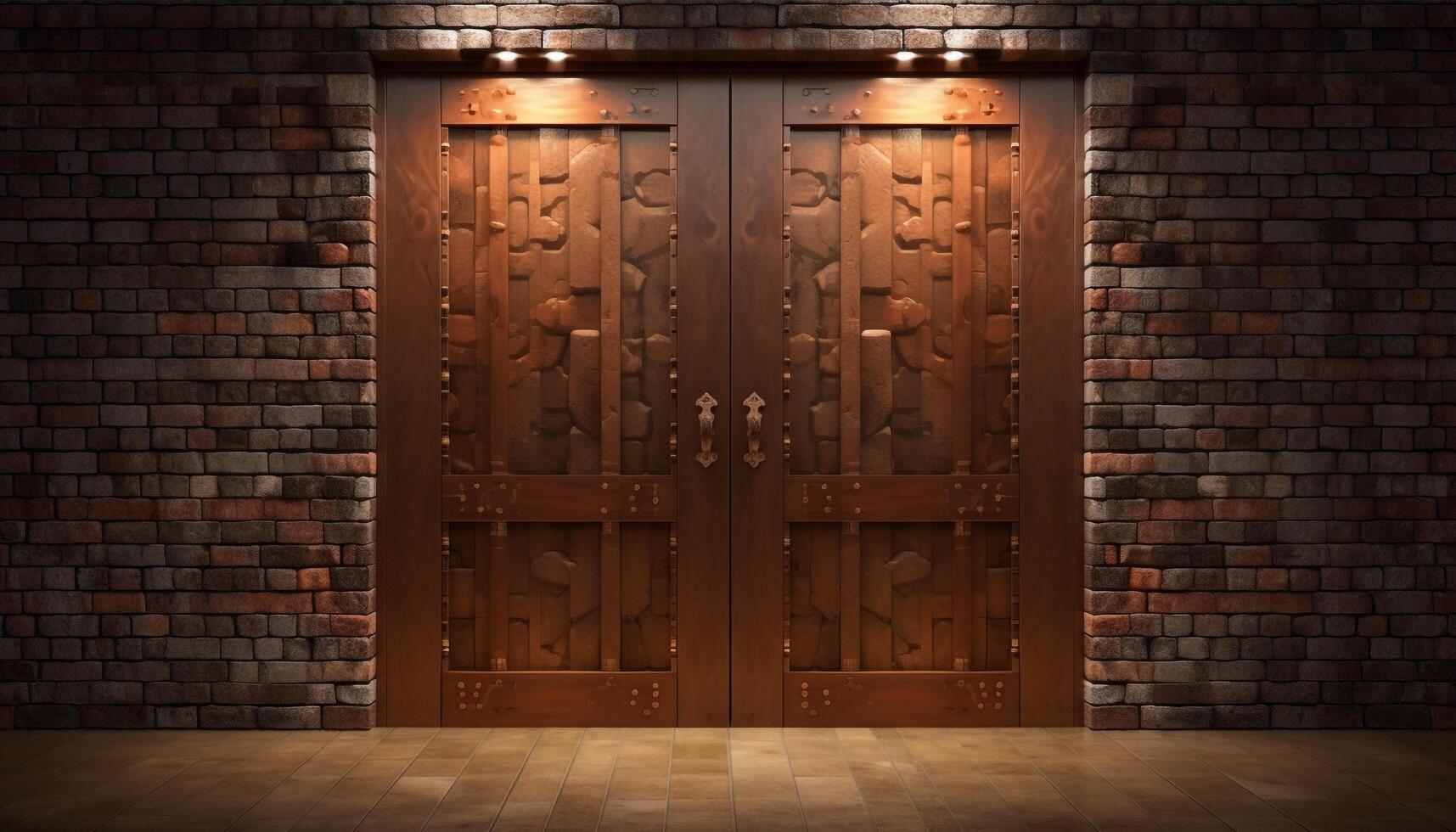 Dark wood door in ancient brick wall, illuminated by metal generated by AI photo