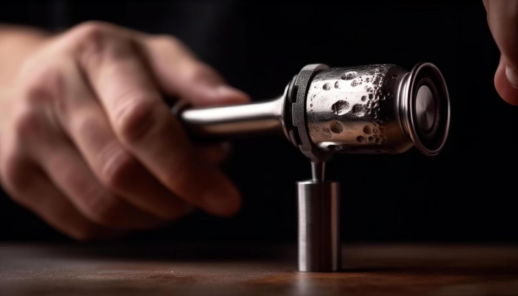 Barista hand holding a fresh cappuccino, reflecting metallic equipment generated by AI photo