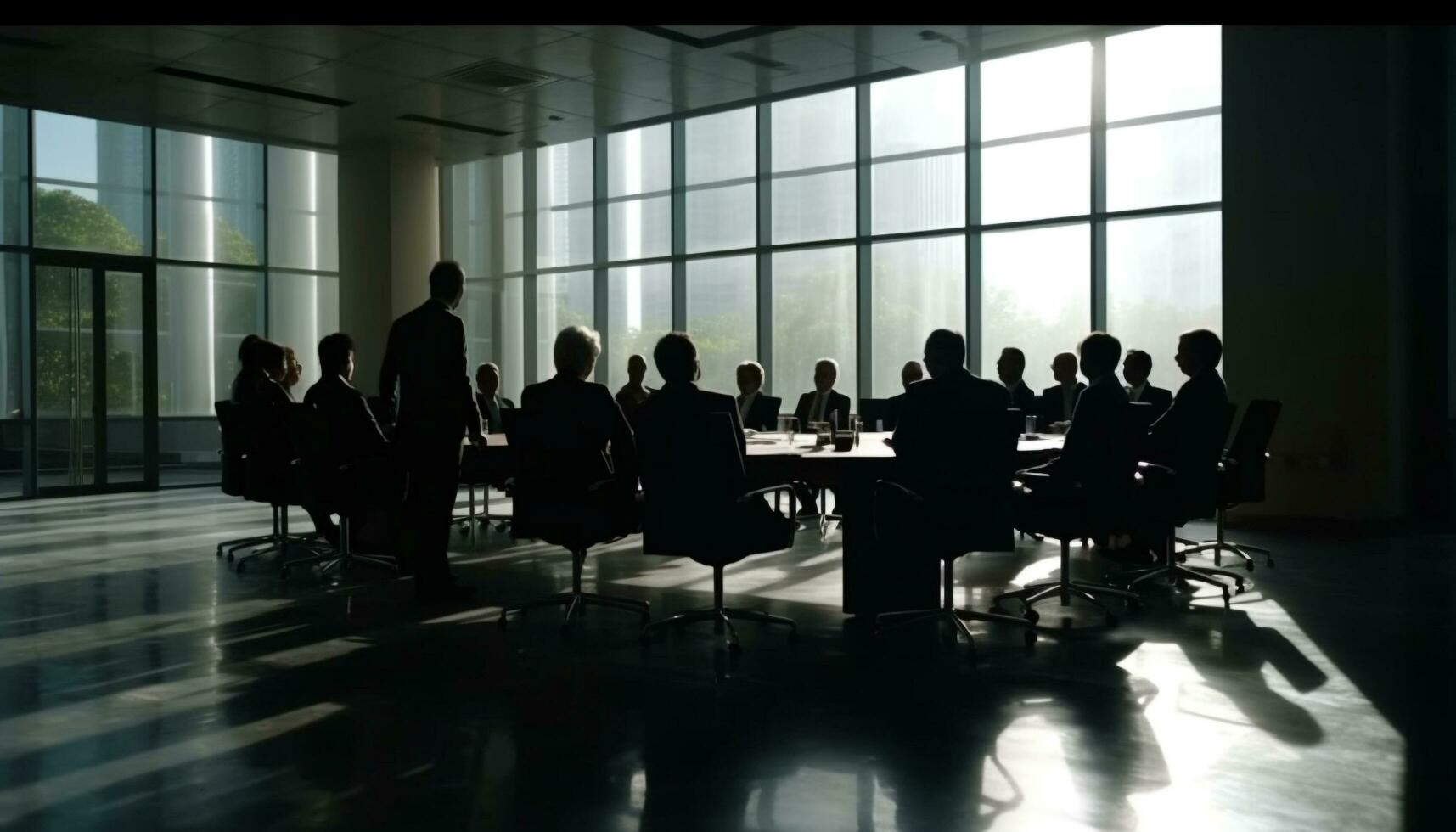 corporativo negocio discusión en un moderno tablero habitación con trabajo en equipo generado por ai foto