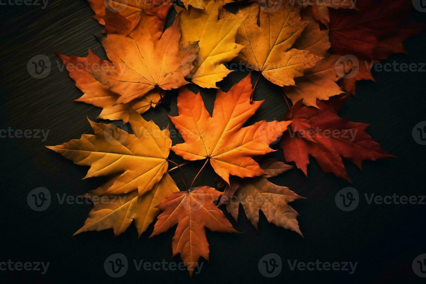 Maple autumn leaves lie, yellow, orange and green. AI generative photo