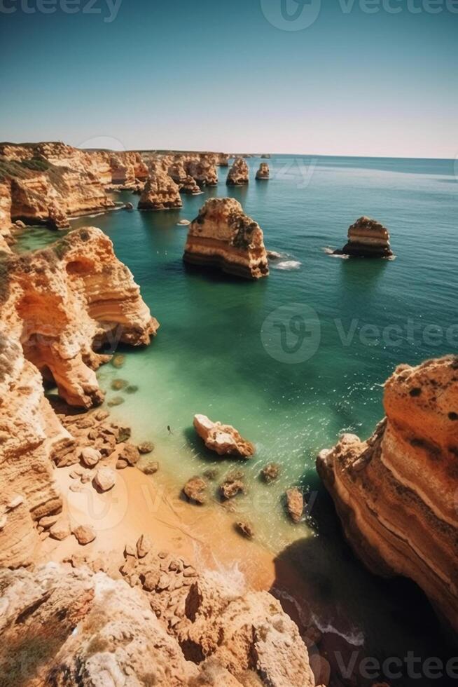 playa cerca el azul océano. ai generativo foto